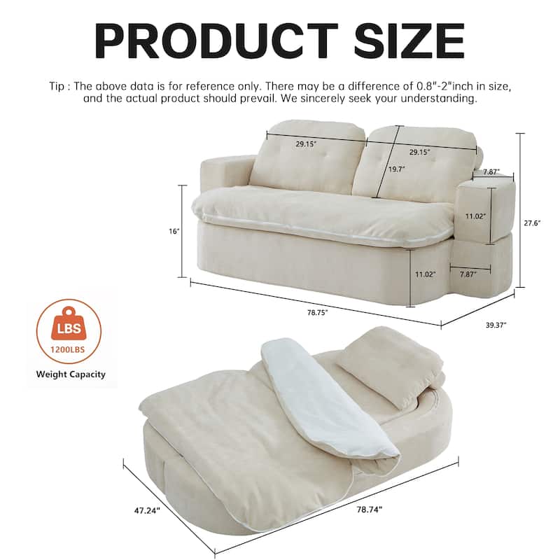 Modern 2-Seater Sofa Sofa Bed with Foldable Sofa Cushions and 2 Throw Pillows, for Living Room and Playroom, Beige
