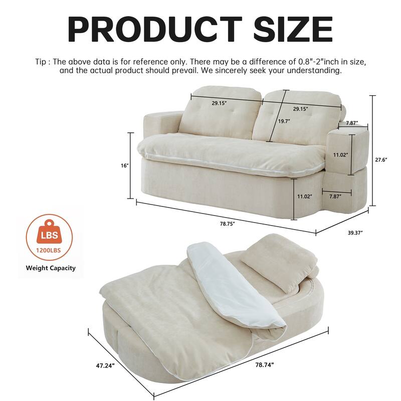 Modern Convertible Floor Sofa Bed with Corduroy Cushion, 2 Pillows & No Assembly