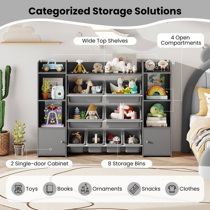 56" Kids Storage Shelf with 8 Removable Bins Rounded and Corners Anti-Tip Design - 56" x 12" x 39"