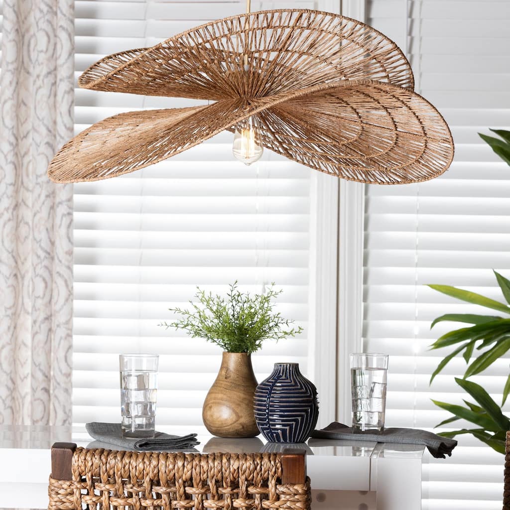 Theanna Woven Jute Pendant Lampshade – Handwoven Boho Floral Light Accessory, Natural Wicker Ceiling Shade