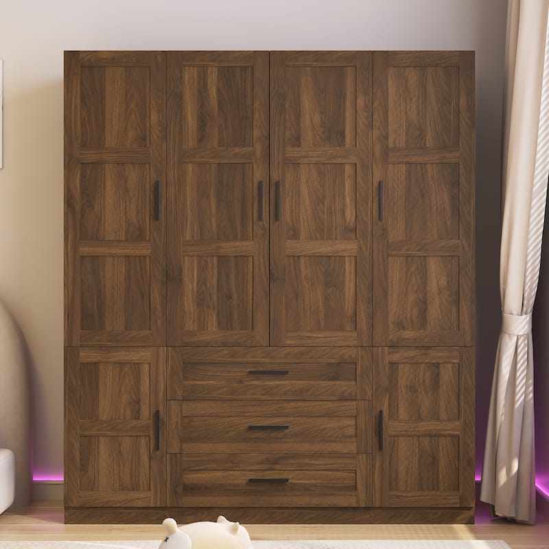 6 Door Armoire Wardrobe Closet with Big 3 Drawers, Wooden Freestanding Bathroom Armoire Cabinet with Shelves and Hanging Rod - Wood