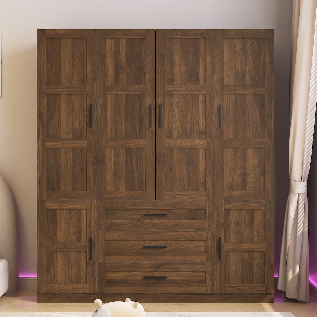 6 Door Armoire Wardrobe Closet with Big 3 Drawers, Wooden Freestanding Bathroom Armoire Cabinet with Shelves and Hanging Rod