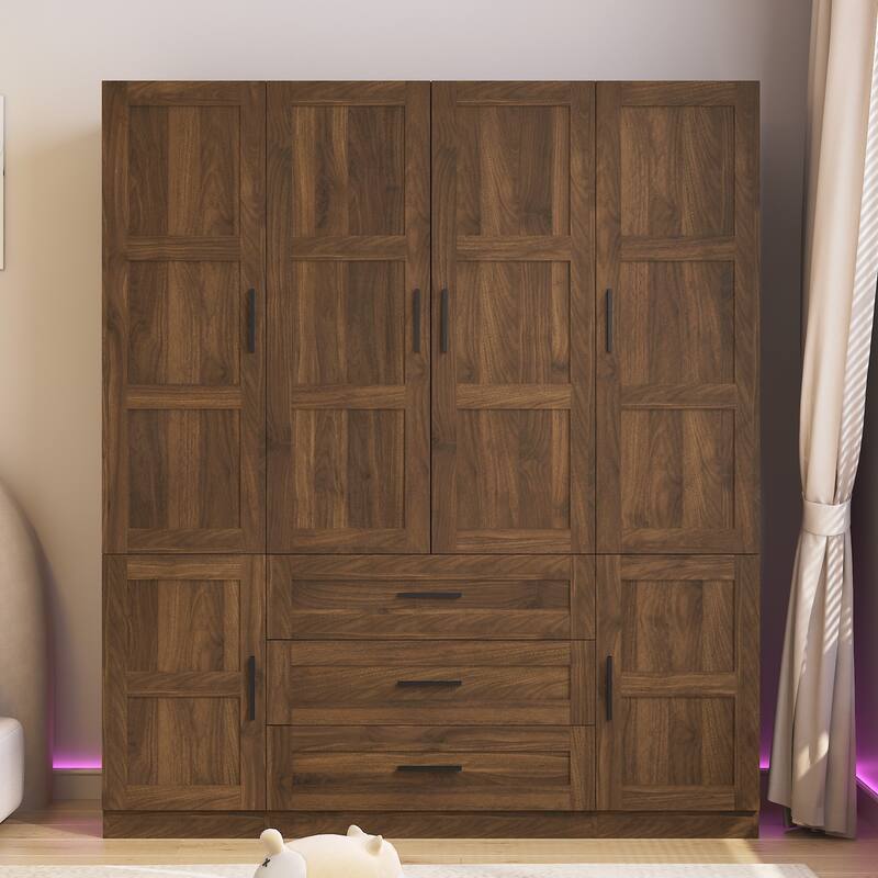 Freestanding Wardrobe 6 Door Armoire Large Closet Clothes Storage Cabinet for Bedroom, Brown