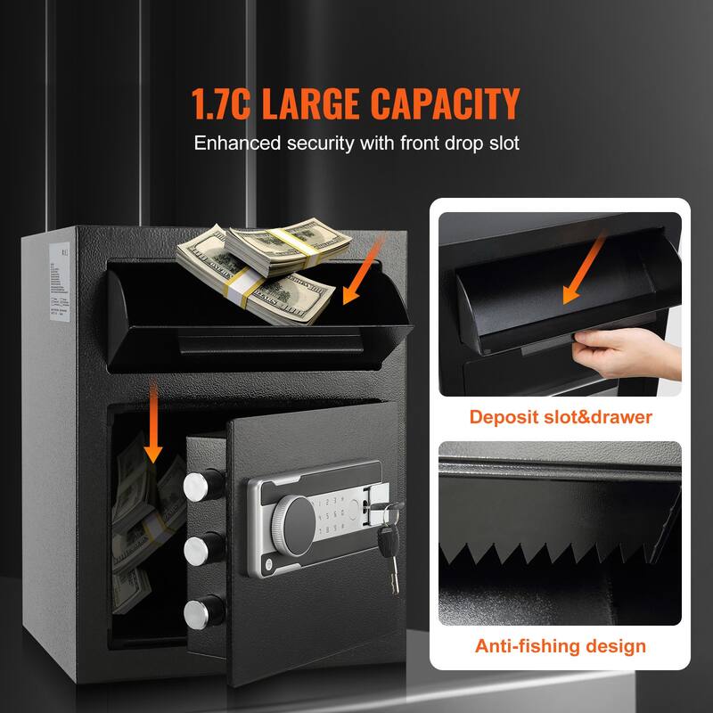 Depository Safe, Deposit Safe with Drop Slot, Electronic Code Lock and 2 Emergency Keys, Business Drop Slot Safe