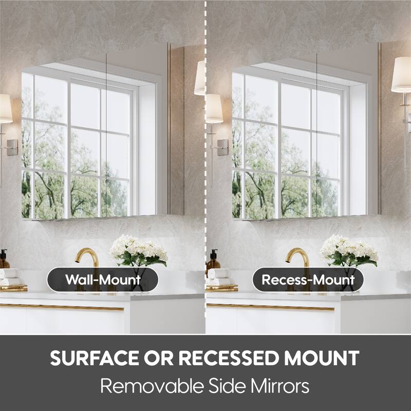 Recessed or Surface Wall Mount Bathroom Medicine Cabinet With Adjustable Glass Shelves