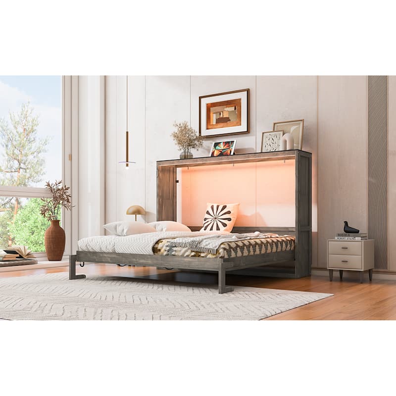 Roomfitters Full/Queen Size Murphy Bed with Desk, LED Light and Hydraulic Lift, Cabinet Design