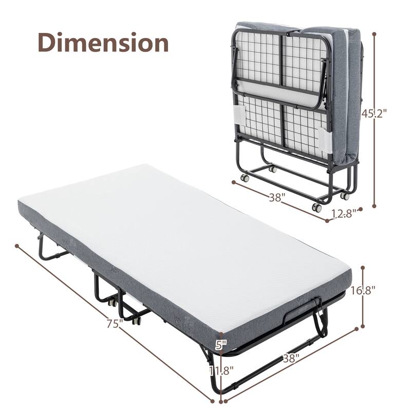 Folding Bed with Mattress, SPortable Foldable Bed with Storage Cover, SRollaway Bed with Memory Foam Mattress and Metal Frame - Black