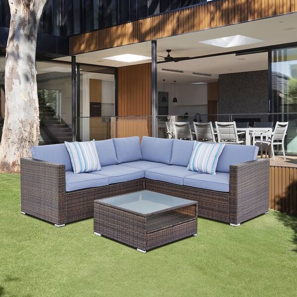 slide 2 of 18, Outdoor 4-Piece Patio Rattan Conversation Sectional Sofa Set 51"x51"x25.6" - Blue