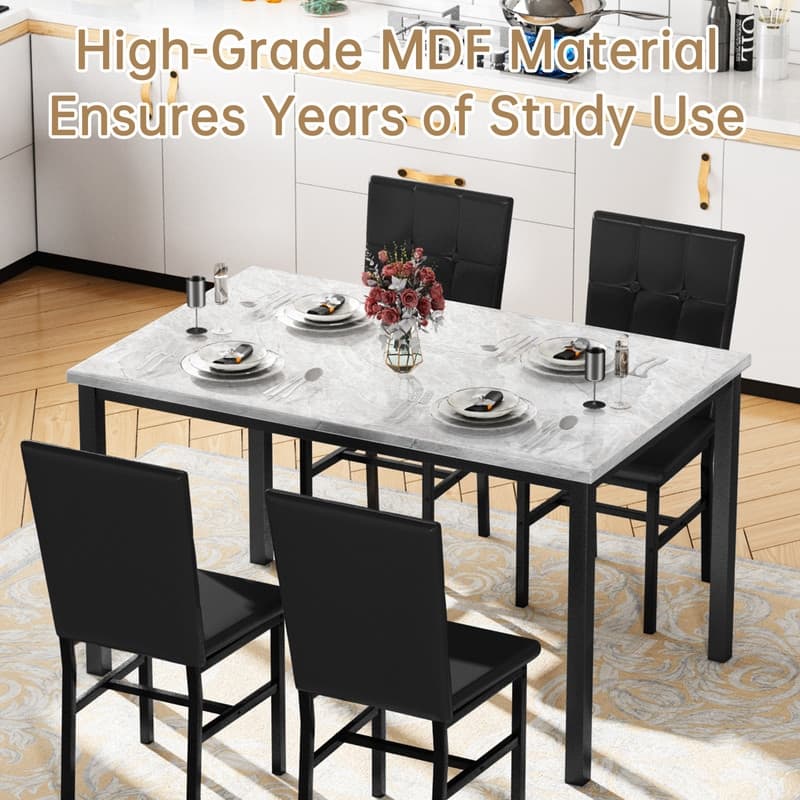 Grondin Modern Style 5 Pieces Dining Table Set For 4, Faux Marble Dining Room Table Set With 4 Upholstered Dining Chairs