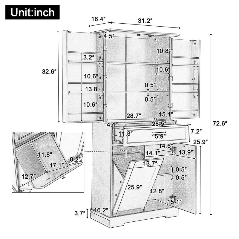 72.6" Freestanding Bathroom Storage Cabinet with Tilt Out Laundry Hamper and Drawers - 32.2 in.W x 16.4 in.D x 72.6 in.H