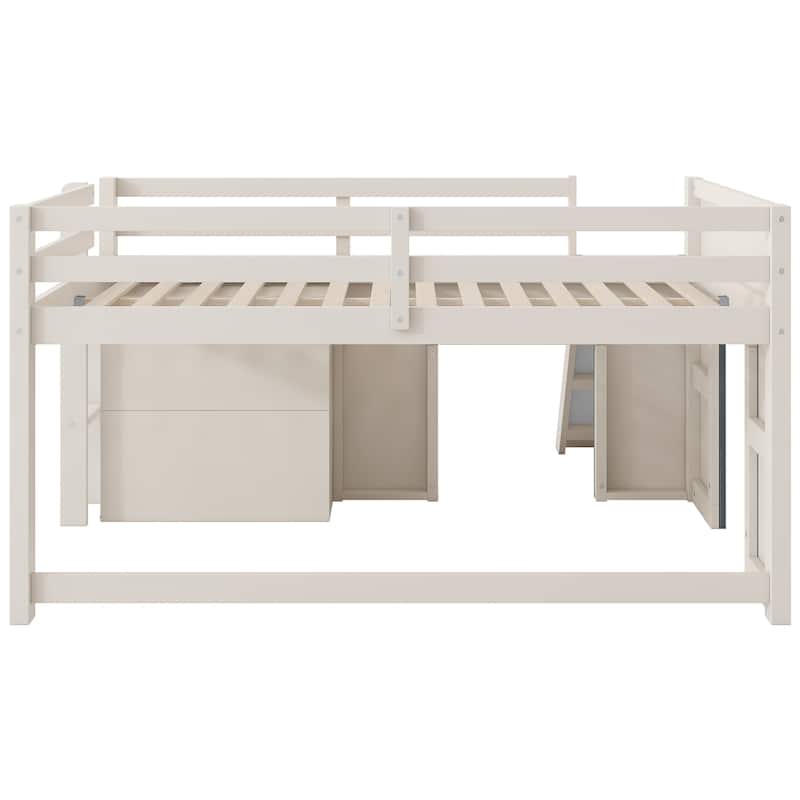 Full Size Low Loft Bed with Slide, 3 Storage Drawers and 2 Doors
