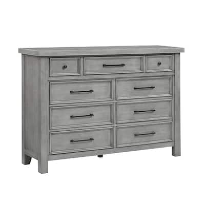 Daisy 62 Inch Dresser, Gray Mango Veneer, 9 Drawers, Bronze Metal