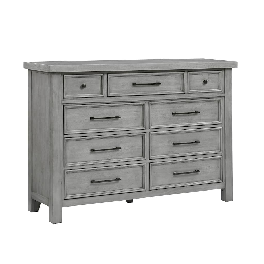 Daisy 62 Inch Dresser, Gray Mango Veneer, 9 Drawers, Bronze Metal