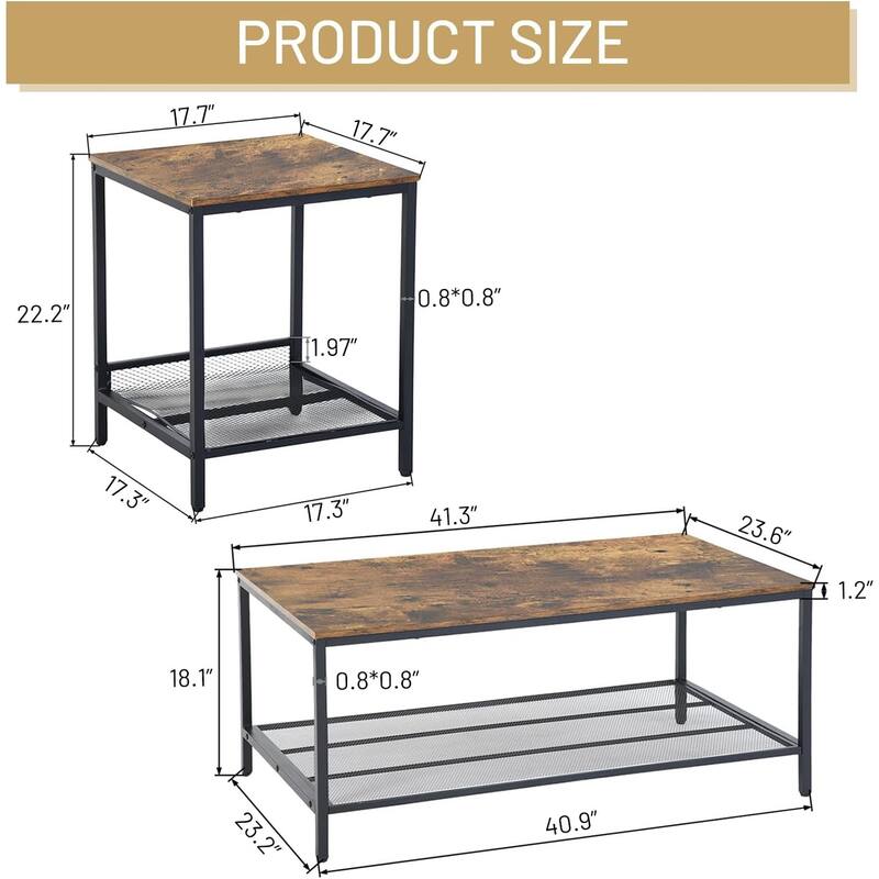 FurnitureR Industrial 3-Piece Coffee Table Set with 2 End Tables, Metal Frame Living Room Table Set