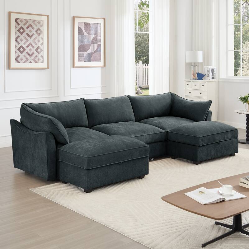 U-Shape 3-Deep Seater Sofa Couch with 2 Movable Storage Ottomans & Pull Out Drawers