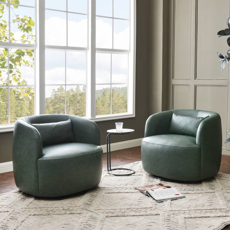 KINWELL 34" Wide Swivel Faux Leather Barrel Armchair Upholstered PU Leather Accent Chairs for Living Room Office Lounge