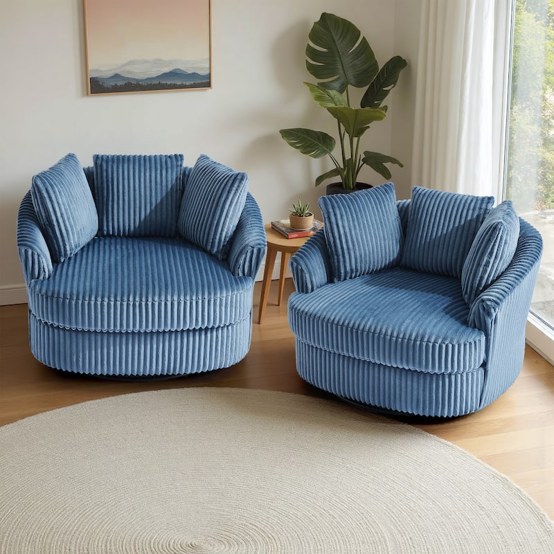 2 Set Oversized 43" W Plush Corduroy Swivel Barrel Chair with Pillows - Blue