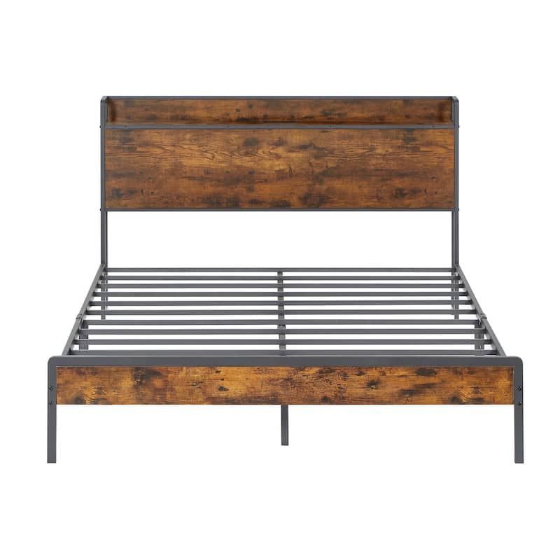 Queen Size Metal and Wood Charging Platform Bed