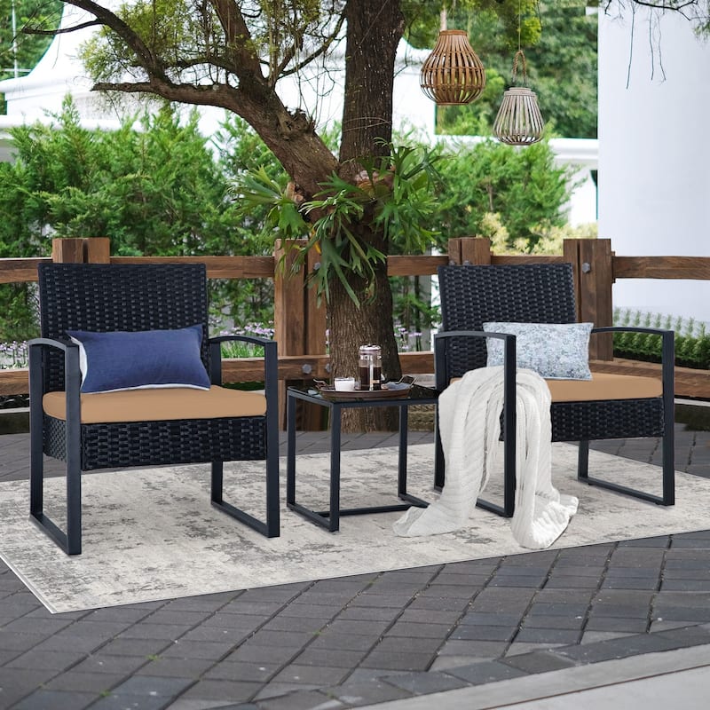 3 Piece Outdoor PE Wicker Furniture Set, Patio Rattan Sectional Sofa Couch with Washable Cushions