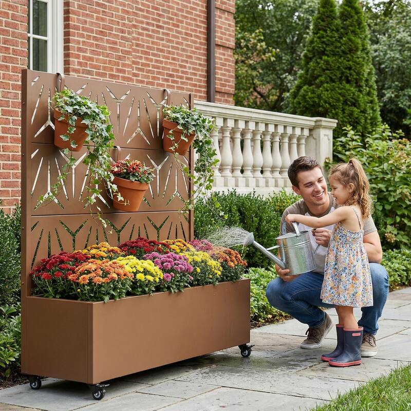 Metal Galvanized Planter Box with Trellis Privacy Screen Lockable Wheels