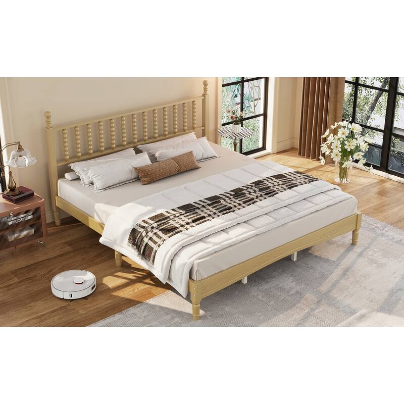 King Size Wood Platform Bed with Gourd Shaped Headboard,Retro Style Platform Bed with Wooden Slat Support, Natural