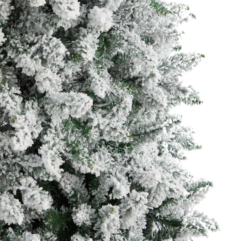 9ft Artificial Christmas Tree with Lights - Slim Winter Fir, Prelit Warm White LED Tree, Flocked Holiday Decor - Green - 108
