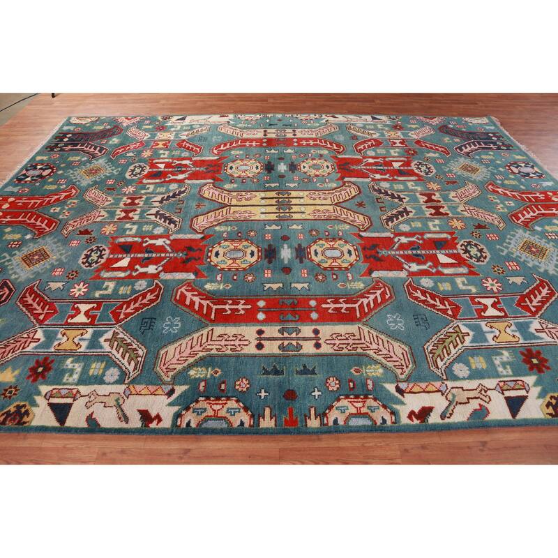 Hand Knotted Oriental 100% Wool Carpet Traditional All-Over Navy Blue & Blues Kazak Area Rug - 12' 1'' X 9' 1''