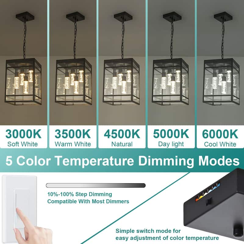 Outdoor LED Pendant Light Fixtures for Porch, 4 Light 5CCT Outdoor Pendant Light, Black LED Integrated Bulbs Hanging Lantern - Black