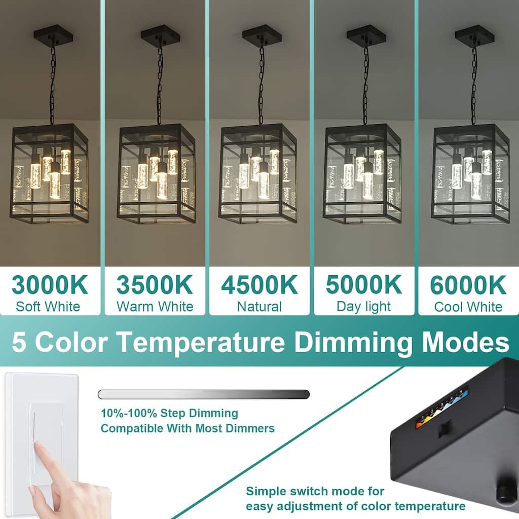 Outdoor LED Pendant Light Fixtures for Porch, 4 Light 5CCT Outdoor Pendant Light, Black LED Integrated Bulbs Hanging Lantern