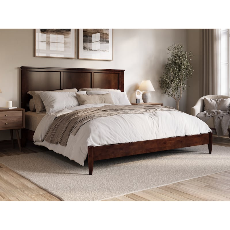 King Size Platform Bed - Solid Wood Low Profile Bed Frame - Modern Chic Design - Walnut Finish
