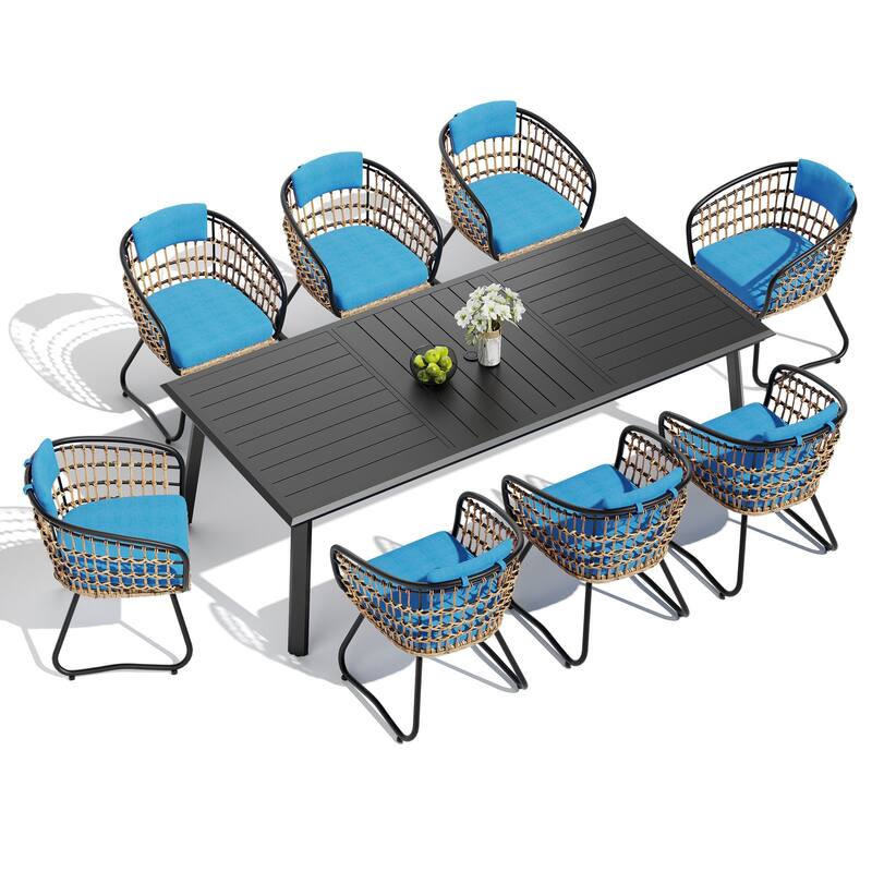 7/9/11-Piece Set Outdoor Aluminum Dining Table with Umbrella Hole and PE Rattan Chairs