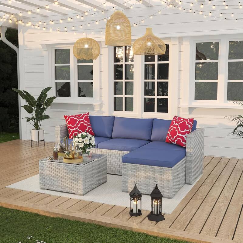 5-Piece Patio Furniture Set, Weather Patio Set - PE Wicker - Grey+Blue