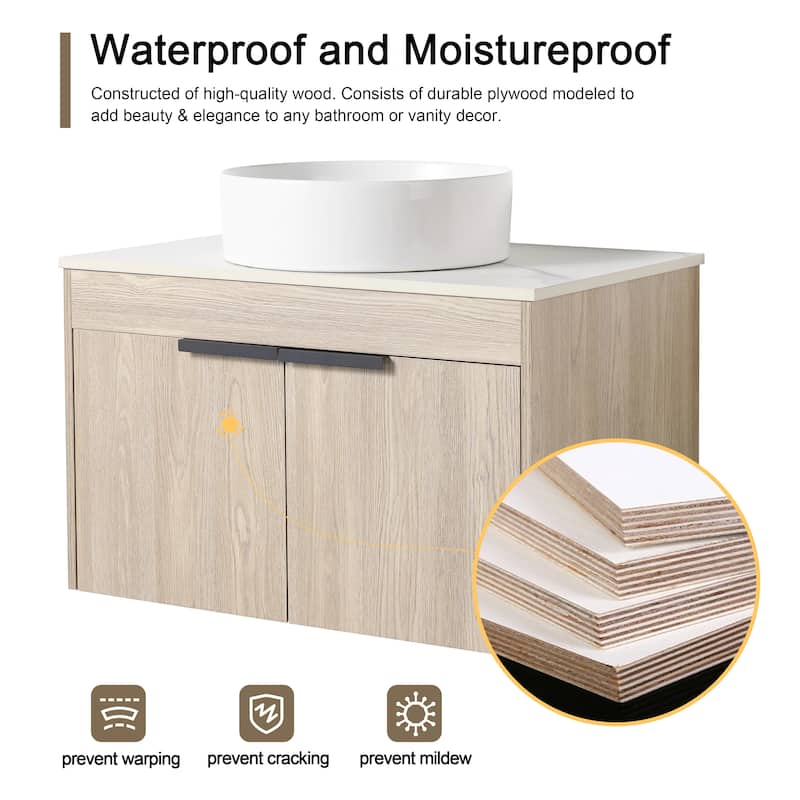 Malwee 24"/30" Floating Bathroom Vanity, Wall Mounted Bathroom Vanity with Ceramic Sink,Soft Close Doors