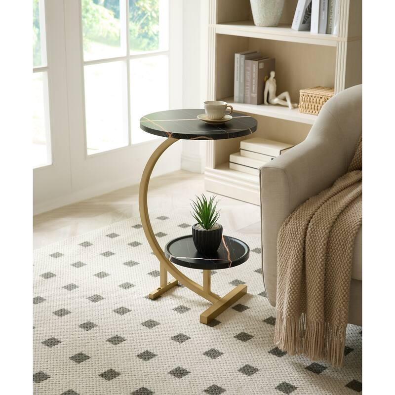 Rouge Collection Gold Metal Faux Marble 2-Tier Oval Side Table - Black