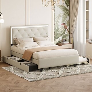 Button-Tufted Wingback Bed Velvet Frame Storage Platform Bed with 2 Drawers, Trundle Bed and Smart LED Light Bed Frame