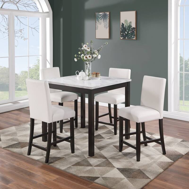 5 Piece Counter Height Dining Set Kitchen Dinette Faux Marble Top Table and 4x High Chairs