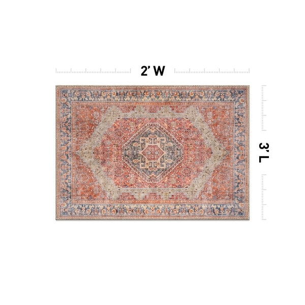dimension image slide 20 of 36, Medallion Flat Pile Washable Rug – Pet Friendly, Non-Slip, Perfect for Entryway, Living Room, and Bedroom