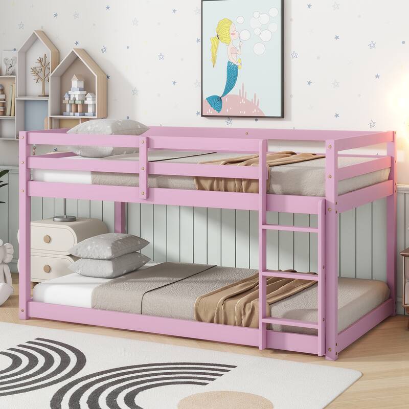Pink Twin over Twin Solid Rubber Wood Bunk Bed with Ladder and Strengthened Slats