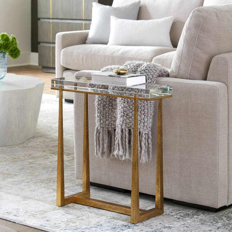 Thick Crystal Top End Accent Table - 24" - Antique Gold