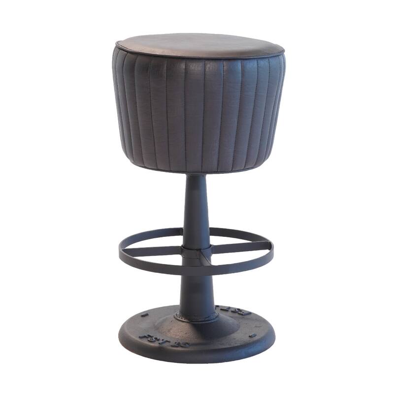 Myra Mushroom Counter Stool, Black Ribbed Leather, Dark Gray Iron Base