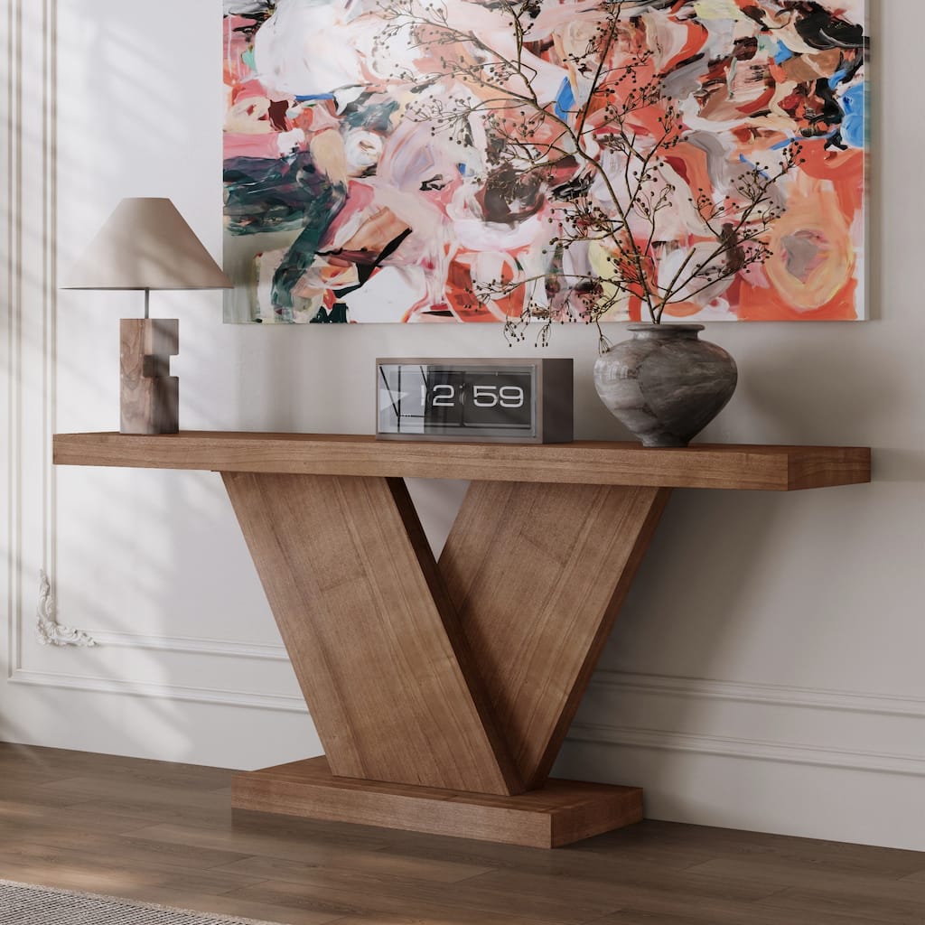 66" Mid-Century Modern X-Leg Console Table with Wood Veneer for Small Space