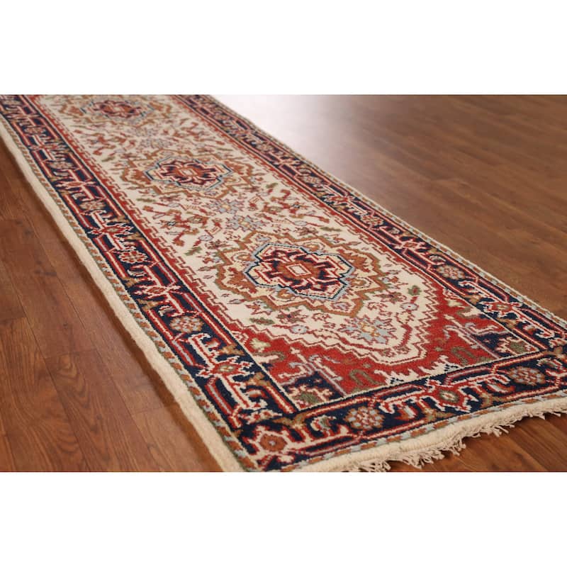 Ivory Heriz Serapi Indian Runner Rug Handmade Wool Carpet - 2'6" x 8'0" - Ivory/Beige - 2'6" x 8'0"