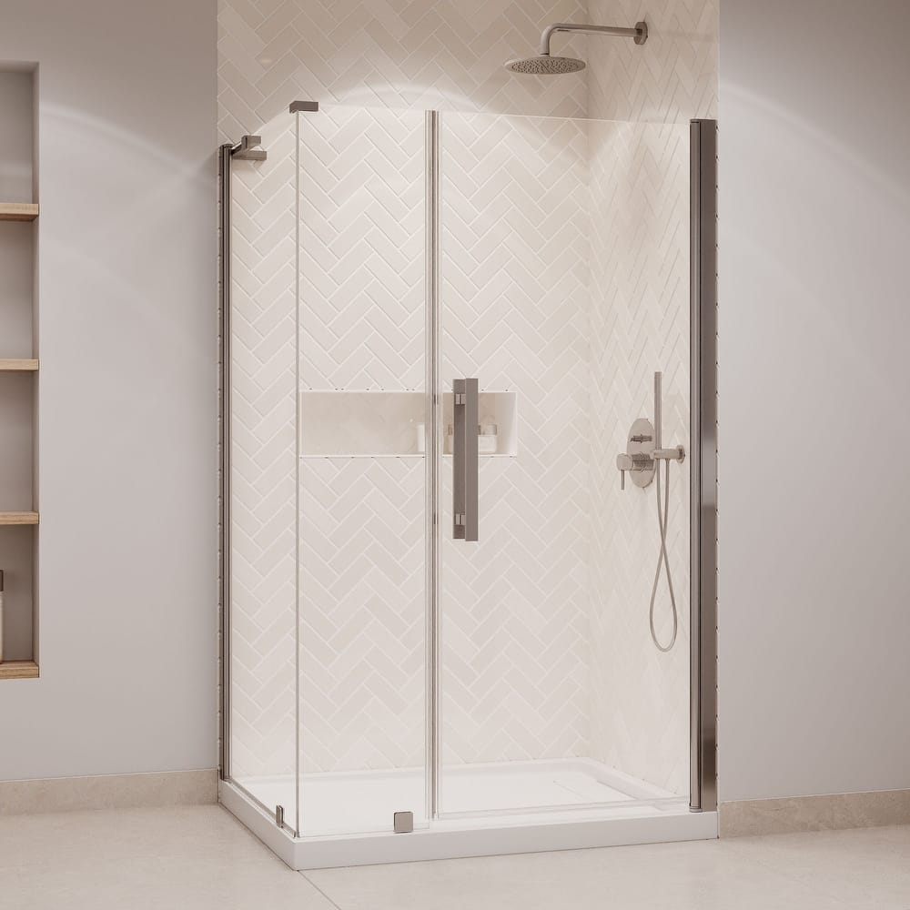 Pasadena Corner Frameless Pivot Shower Door Kit with Base Pan, 2025
