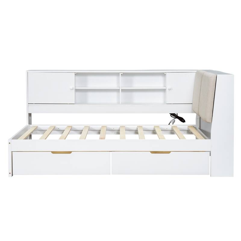 Wooden L-shaped Daybed Corner Bed with Storage Bookcase and USB Charging Ports