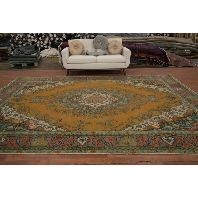 Hand Knotted Oriental 100% Wool Carpet Traditional Floral Oranges & Rust Tabriz Area Rug - 12' 3'' X 9' 3''
