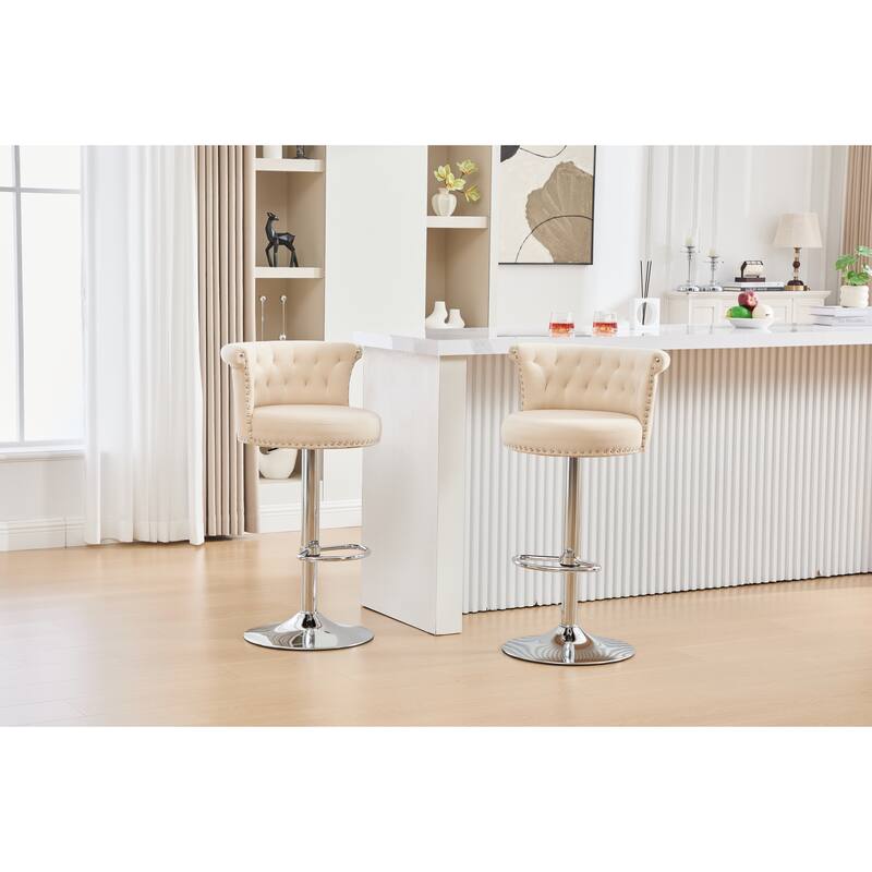 Velvet Bar Stool Set of 2, Adjustable Swivel Bar Stools with Silver Plated Metal Leg, Counter Height Chair