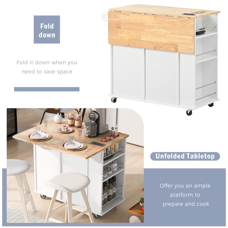 Removable Kitchen Island with Power Outlet, Wine Rack, Simple Storage Cabinet with Stemware Holder and 2 Drawers, White