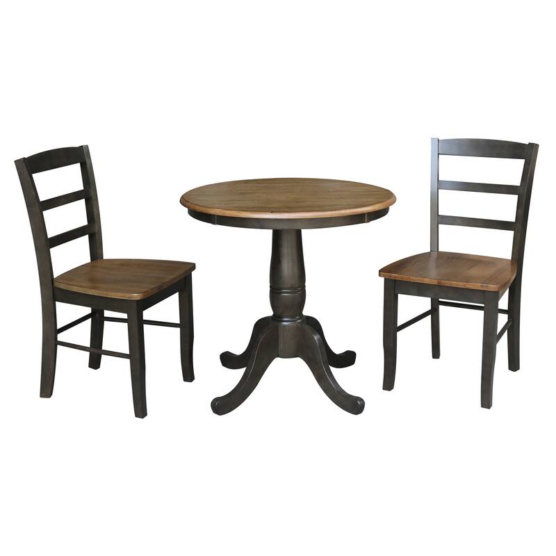 30" Round Pedestal Dining Table with 2 Madrid Ladderback Chairs - 3 Piece Dining Set - Hickory/Washed coal