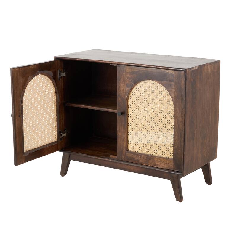 Mango Wood Handmade 3 or 2 Door and 2 Shelf Cabinet with Rattan Front and Black Knobs - Brown - Roche River Decor