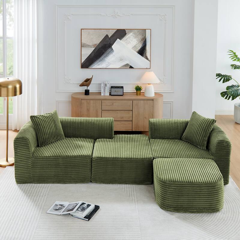 Corduroy Upholstered Couches L-shaped Sectional Sofa with Ottoman - Green